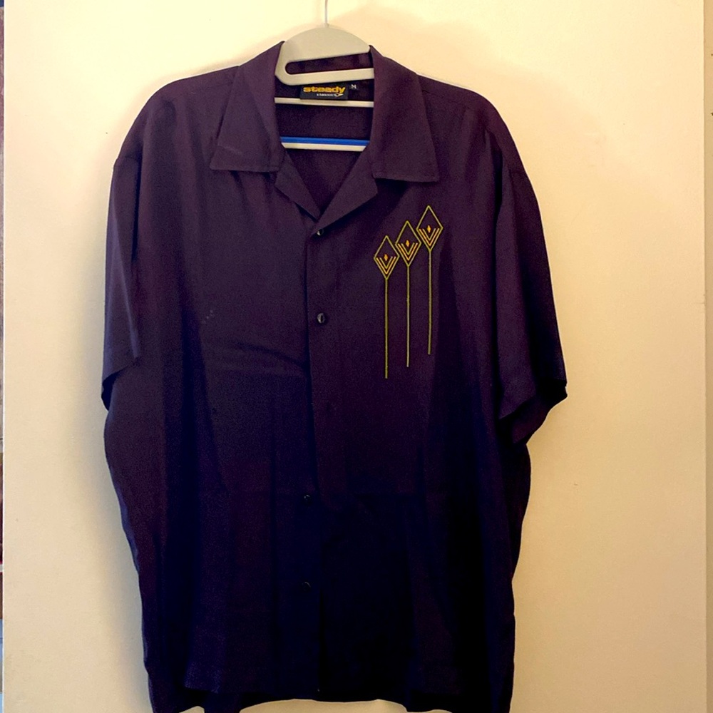 90s vintage Bowling Shirt black, black buttons, embroidered graphic green/yellow